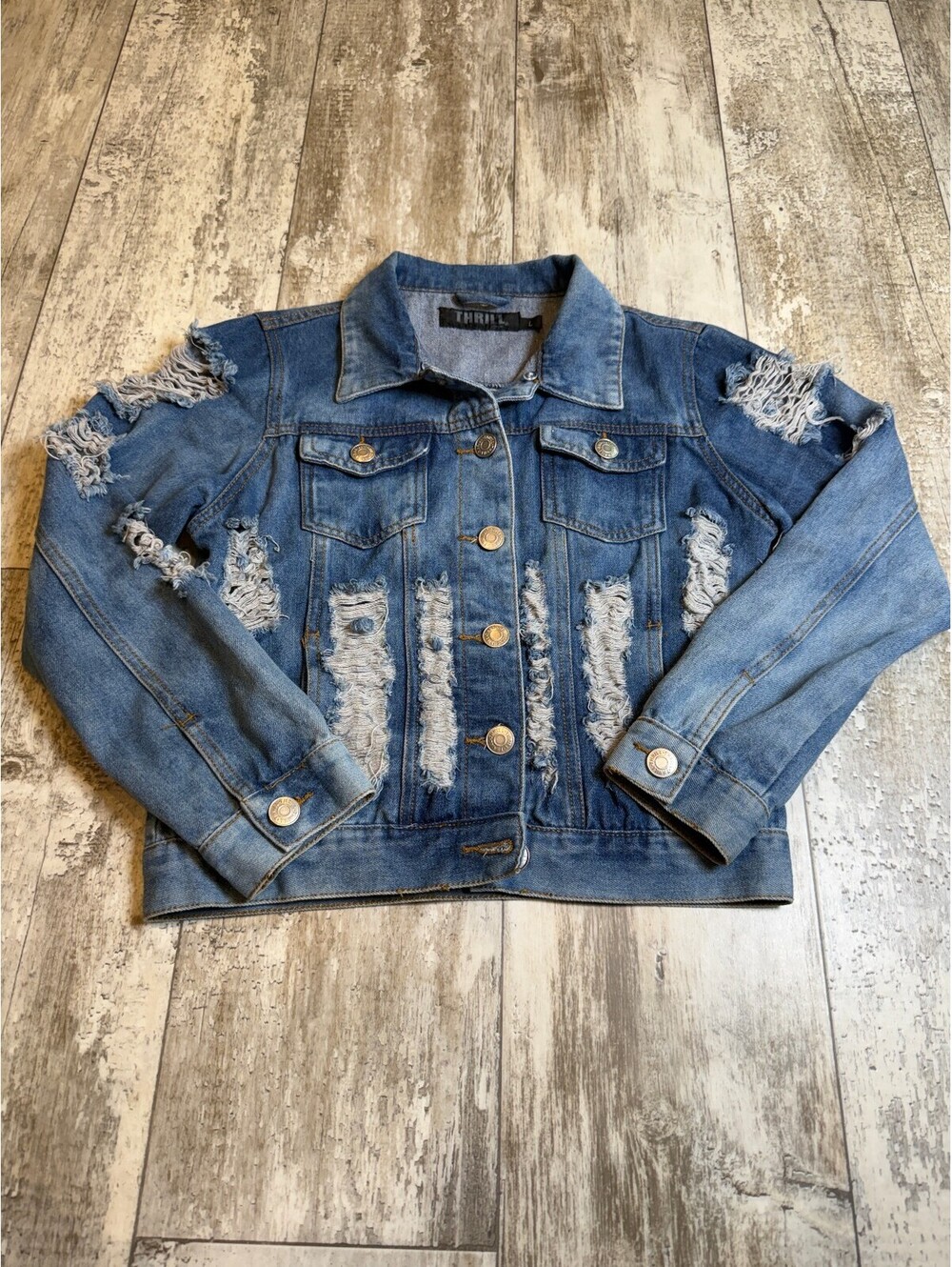 Thrill Womens L Distressed Denim Jacket Ripped Grunge Y2K
